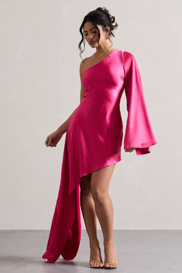 Hanna Hot Pink One Shoulder Asymmetric Draped Satin Mini Dress